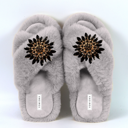 Faux Fur Slippers - Global Recycled Standard Certified with Black Embellishments