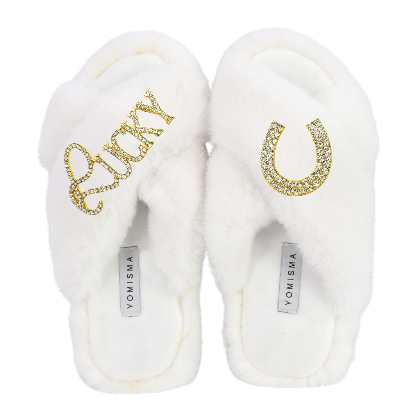 Faux Fur Slippers - Global Recycled Standard Certified with Lucky + Horse Shoe Embellishment