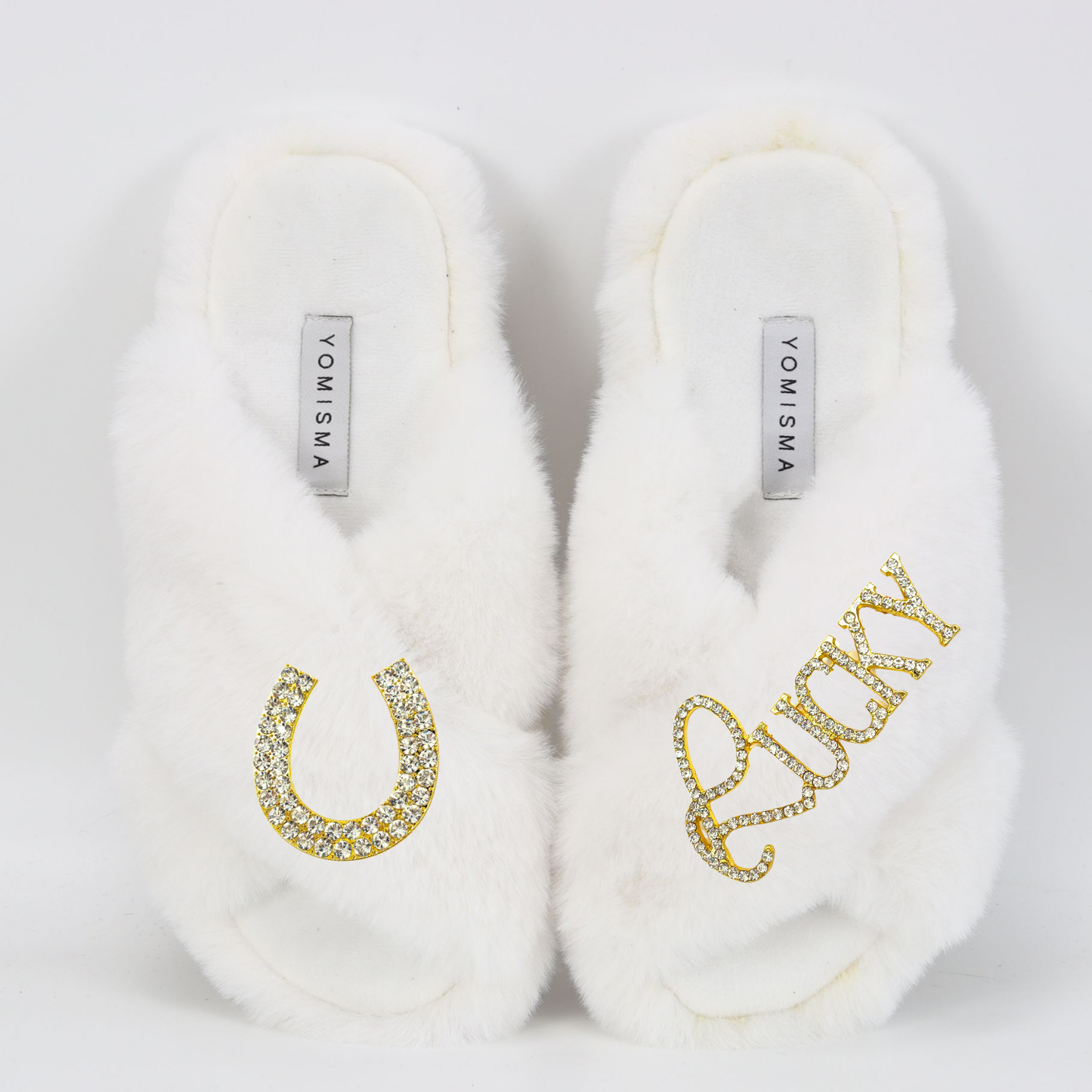 Faux Fur Slippers - Global Recycled Standard Certified with Lucky + Horse Shoe Embellishment