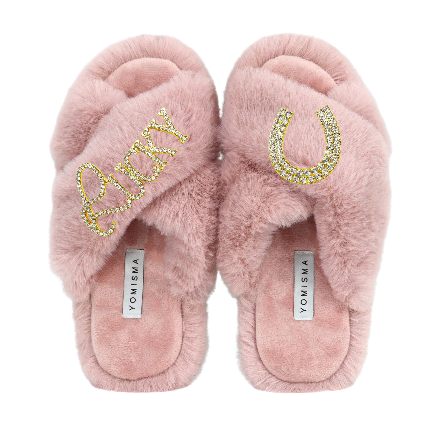 Faux Fur Slippers - Global Recycled Standard Certified with Lucky + Horse Shoe Embellishment