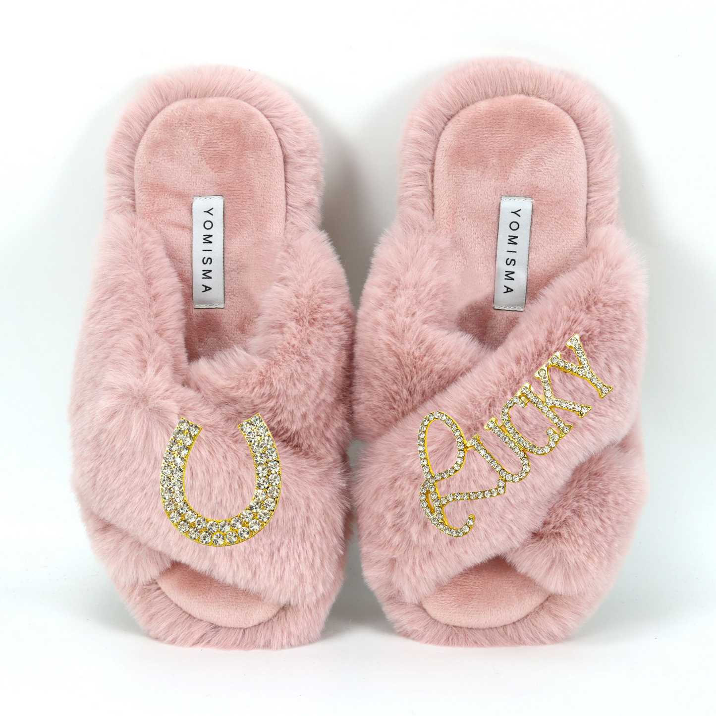 Faux Fur Slippers - Global Recycled Standard Certified with Lucky + Horse Shoe Embellishment