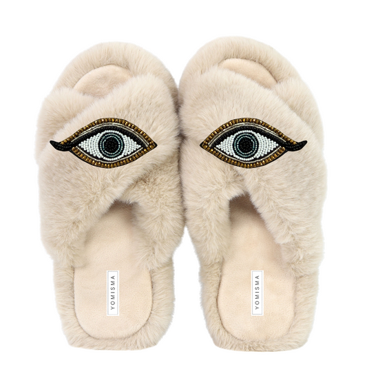 Faux Fur Slippers - Global Recycled Standard Certified with Third Eye Embellishment