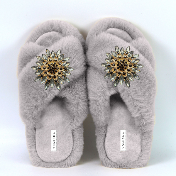 Faux Fur Slippers - Global Recycled Standard Certified with Grey Tourmaline Jewel Embellishments