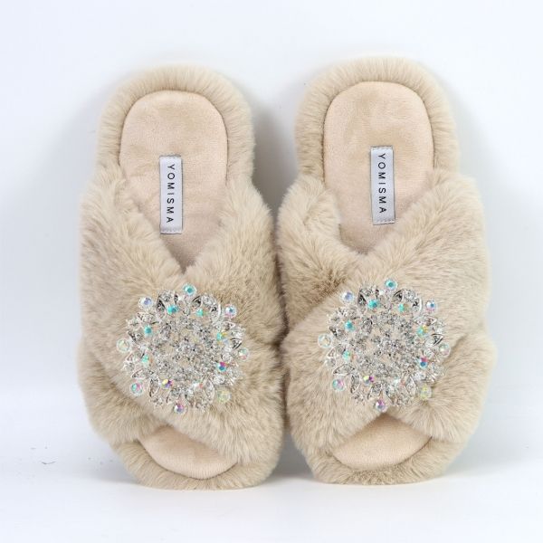 Faux Fur Slippers - Global Recycled Standard Certified with Iridescent Jewel Embellishments