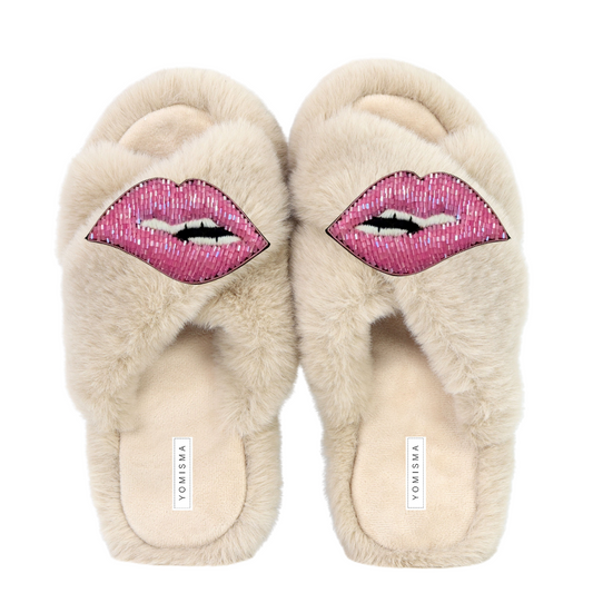 Faux Fur Slippers - Global Recycled Standard Certified with Lips Embellishment