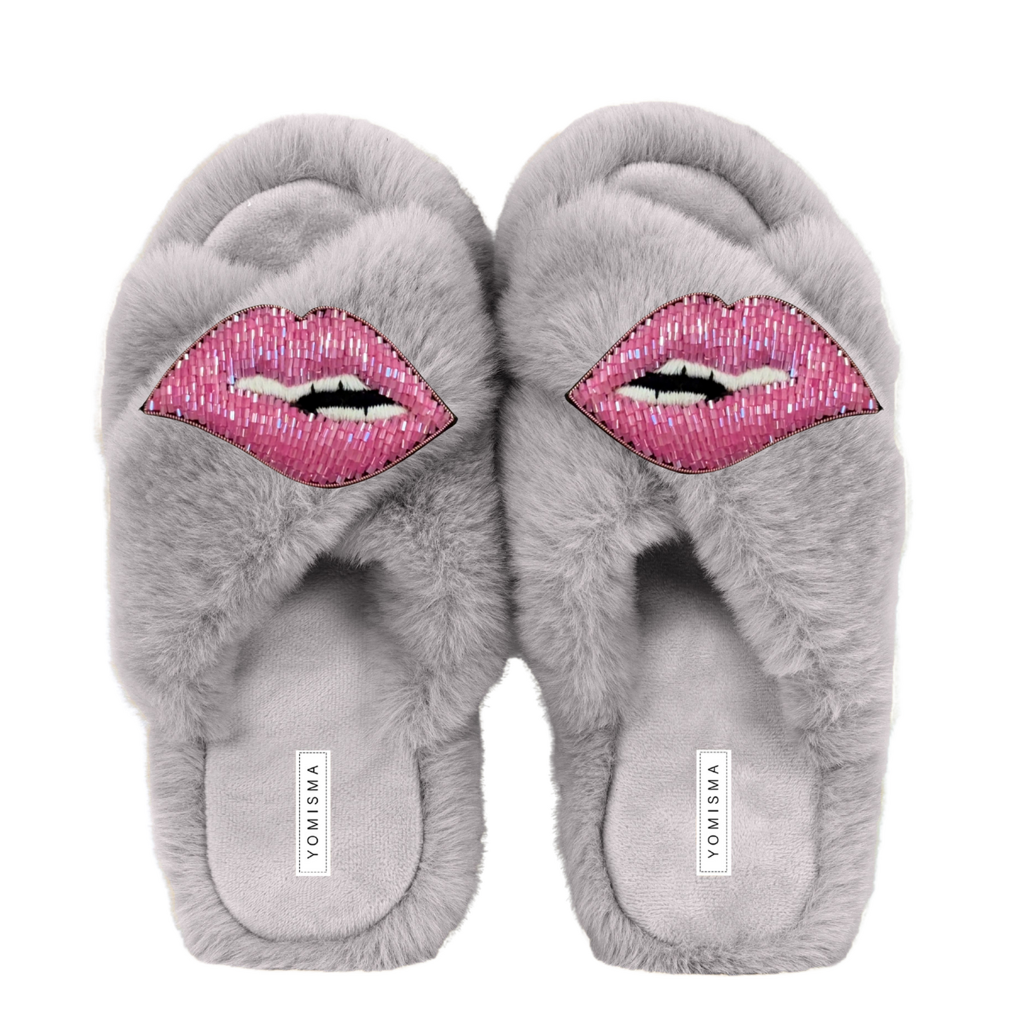 Faux Fur Slippers - Global Recycled Standard Certified with Lips Embellishment