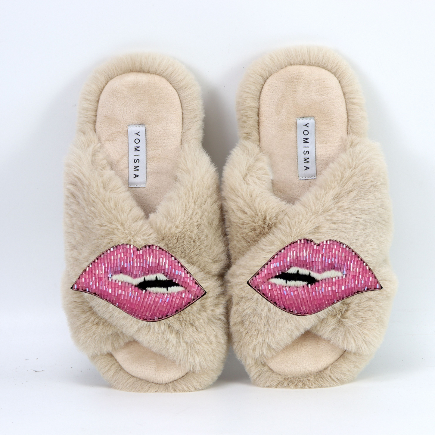 Faux Fur Slippers - Global Recycled Standard Certified with Lips Embellishment