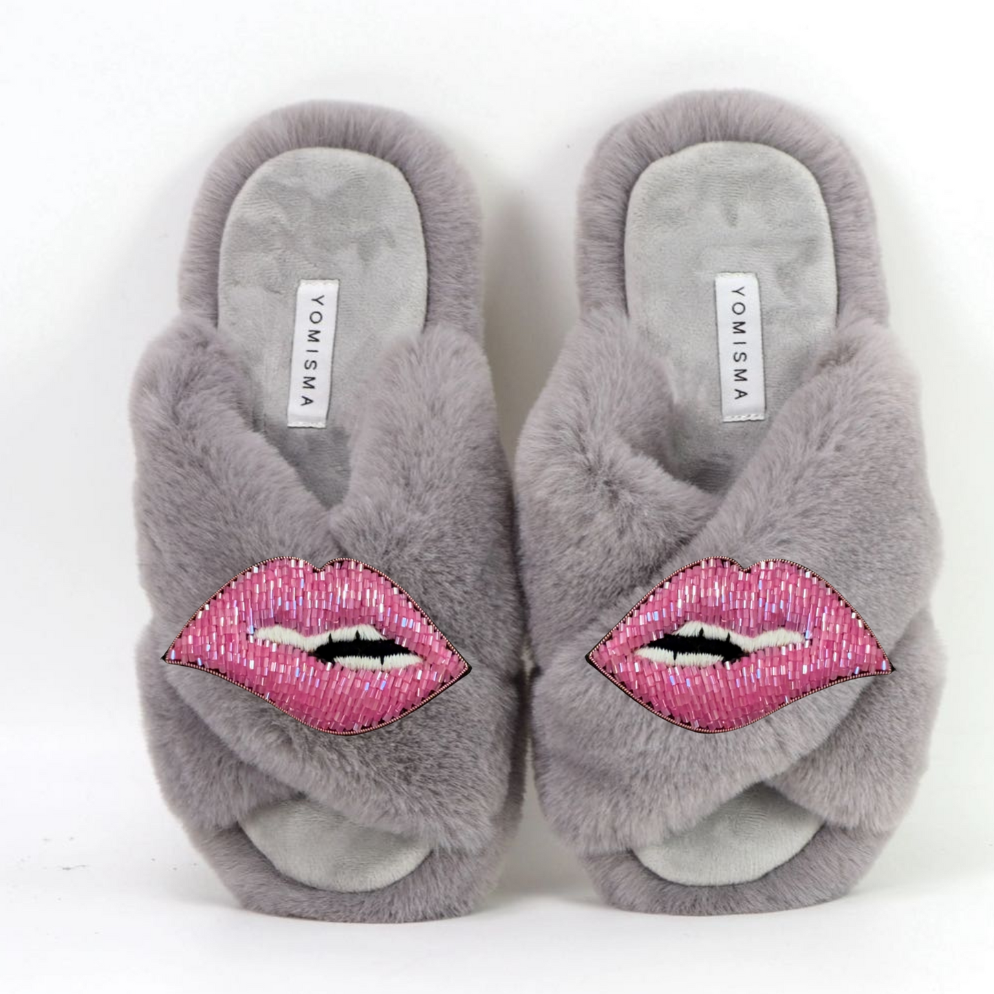 Faux Fur Slippers - Global Recycled Standard Certified with Lips Embellishment