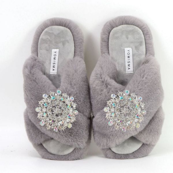 Faux Fur Slippers - Global Recycled Standard Certified with Iridescent Jewel Embellishments