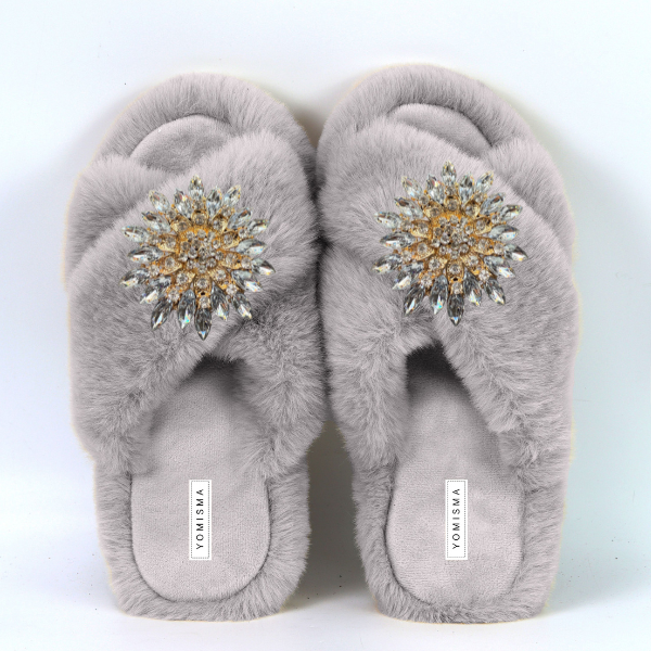 Faux Fur Slippers - Global Recycled Standard Certified with Clear Jewel Embellishments