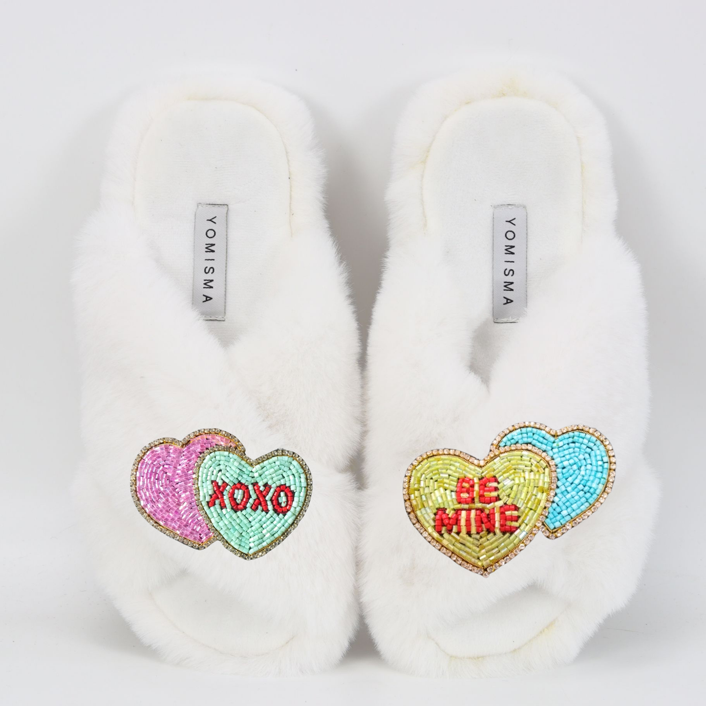 Faux Fur Slippers - Global Recycled Standard Certified with Valentines "Be Mine/XO"  Embellishments