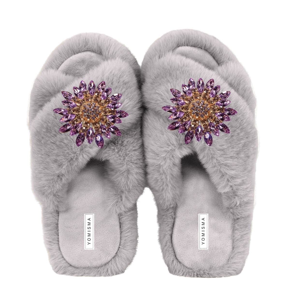 Faux Fur Slippers - Global Recycled Standard Certified with Lavender Jewel Embellishments