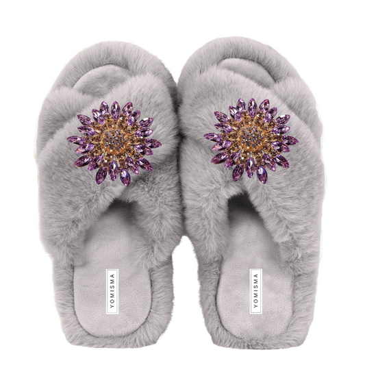 Faux Fur Slippers - Global Recycled Standard Certified with Lavender Jewel Embellishments