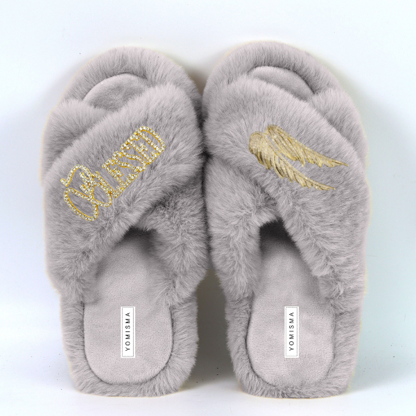 Faux Fur Slippers - Global Recycled Standard Certified with Blessed + Angel Wing Embellishment