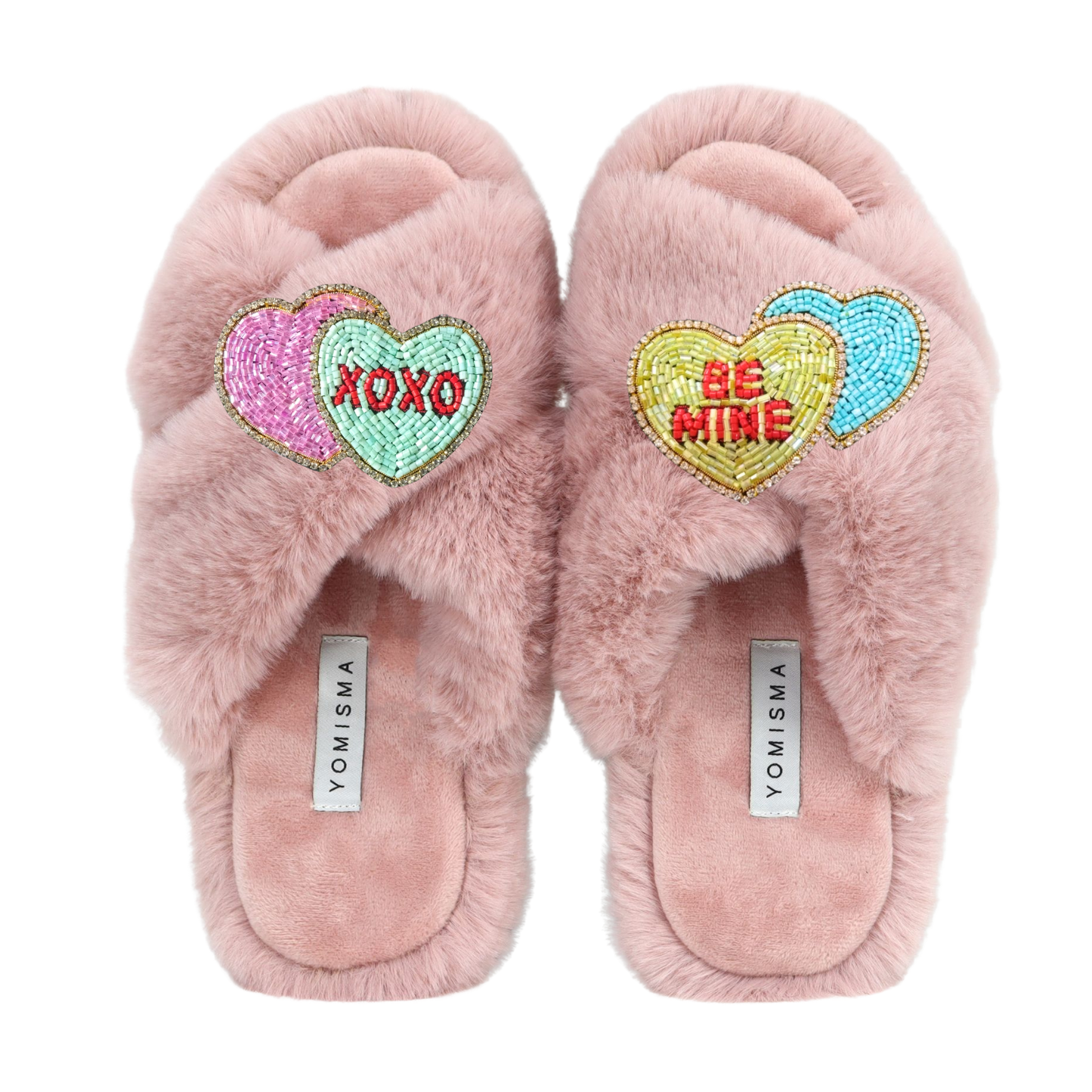 Faux Fur Slippers - Global Recycled Standard Certified with Valentines "Be Mine/XO"  Embellishments