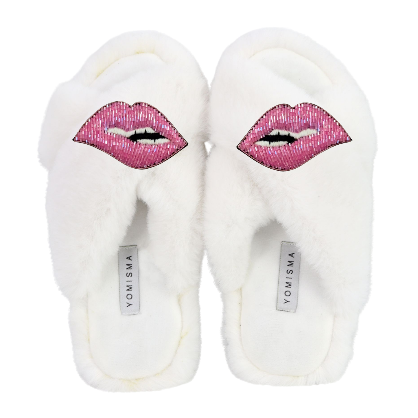 Faux Fur Slippers - Global Recycled Standard Certified with Lips Embellishment