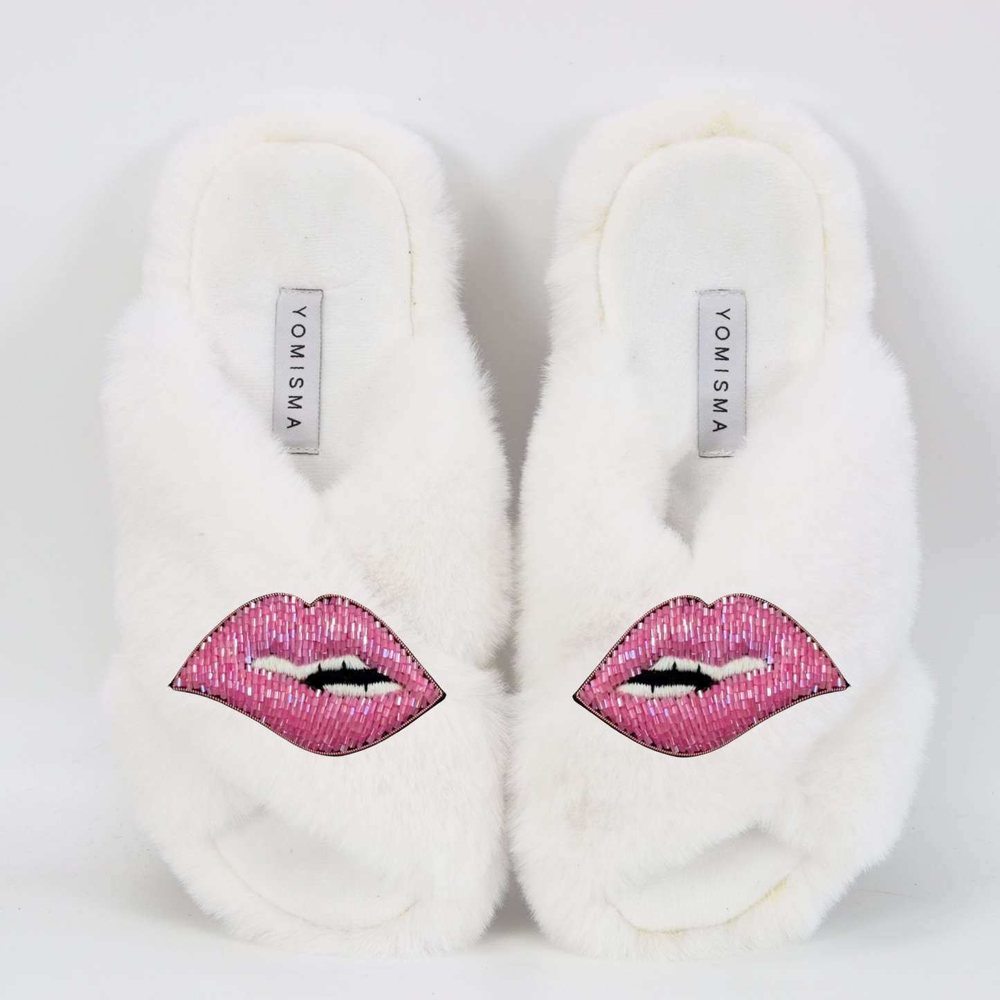 Faux Fur Slippers - Global Recycled Standard Certified with Lips Embellishment