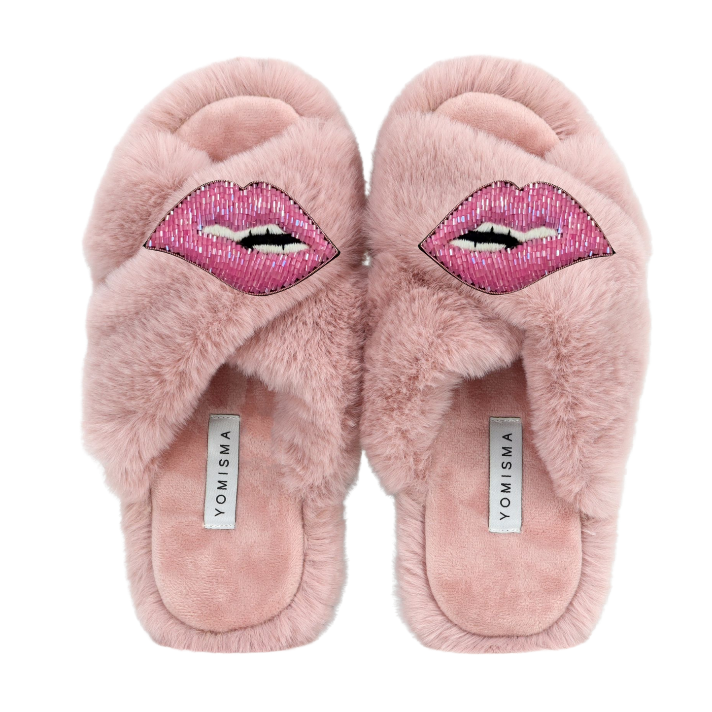 Faux Fur Slippers - Global Recycled Standard Certified with Lips Embellishment