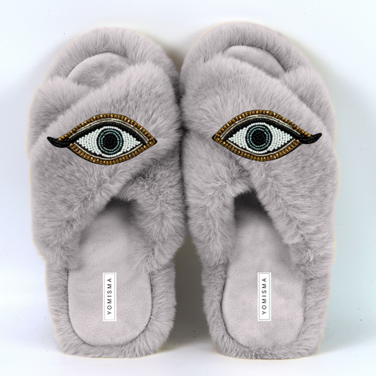 Faux Fur Slippers - Global Recycled Standard Certified with Third Eye Embellishment