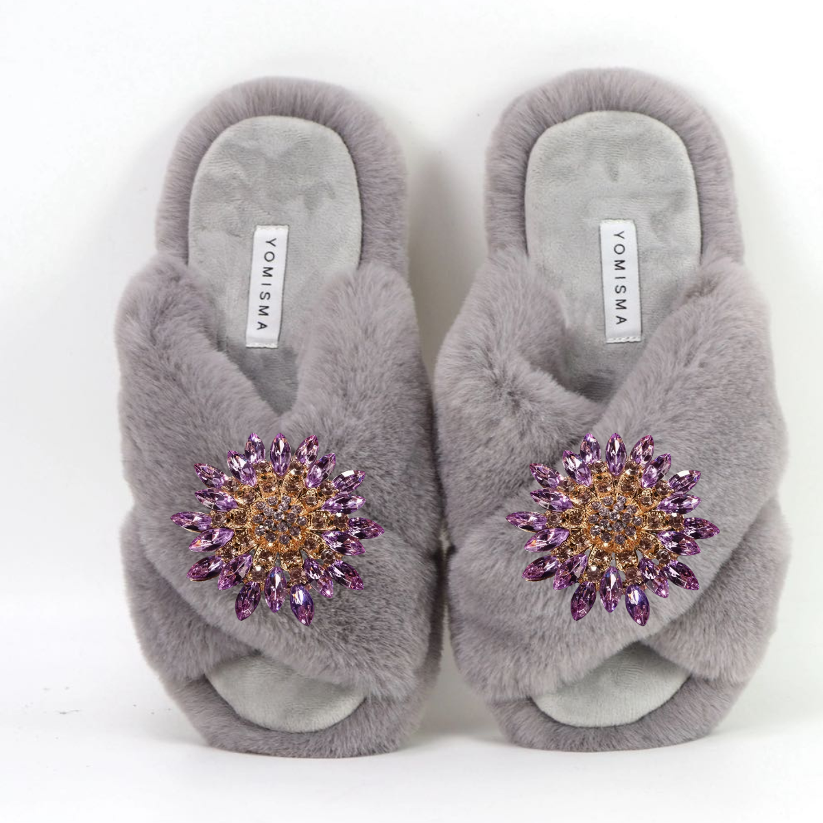 Faux Fur Slippers - Global Recycled Standard Certified with Lavender Jewel Embellishments