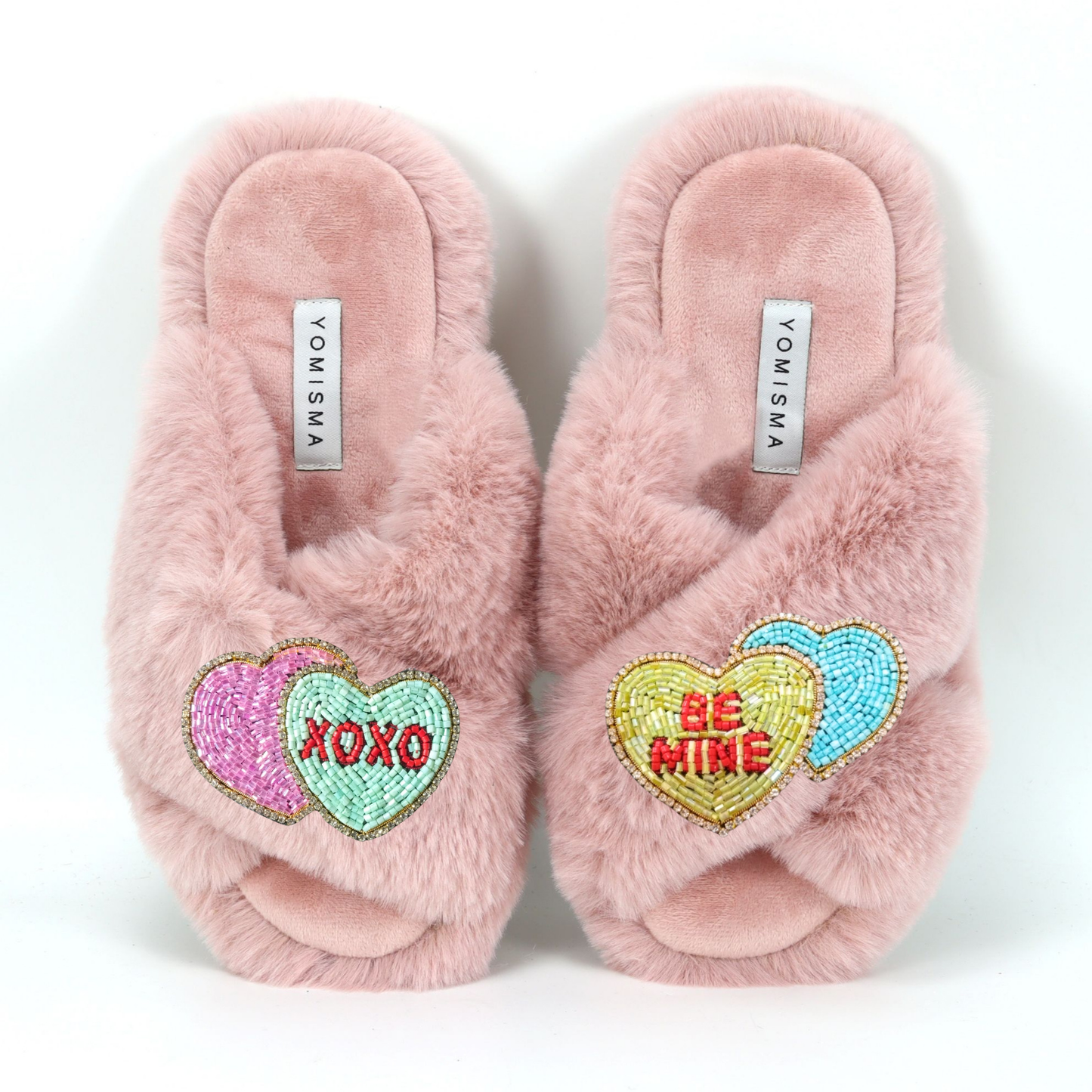 Faux Fur Slippers - Global Recycled Standard Certified with Valentines "Be Mine/XO"  Embellishments