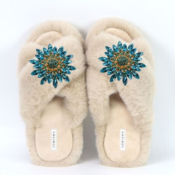 Faux Fur Slippers - Global Recycled Standard Certified with Turquoise Jewel Embellishments