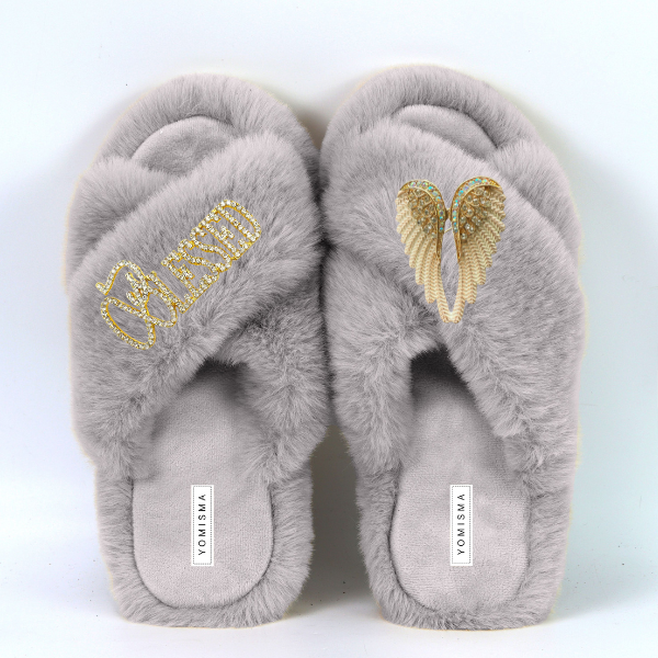 Faux Fur Slippers - Global Recycled Standard Certified with Blessed + Angel Wing Embellishment (Option 2)