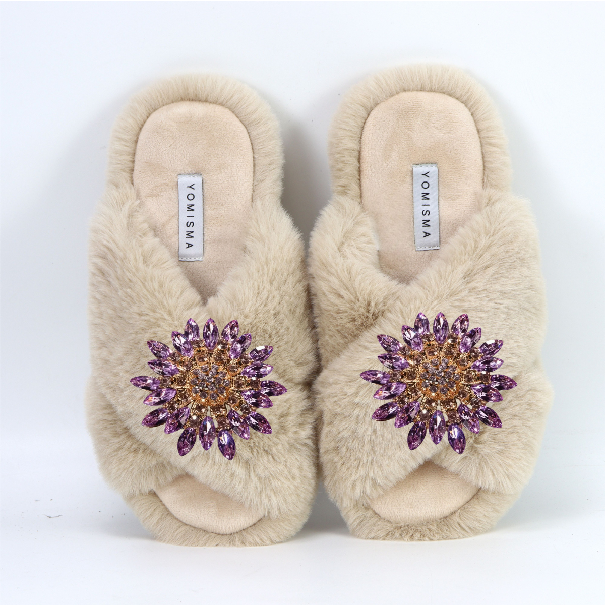 Faux Fur Slippers - Global Recycled Standard Certified with Lavender Jewel Embellishments