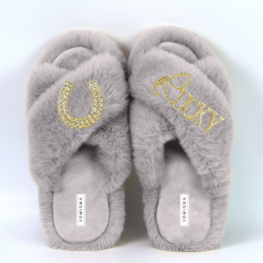 Faux Fur Slippers - Global Recycled Standard Certified with Lucky + Horse Shoe Embellishment