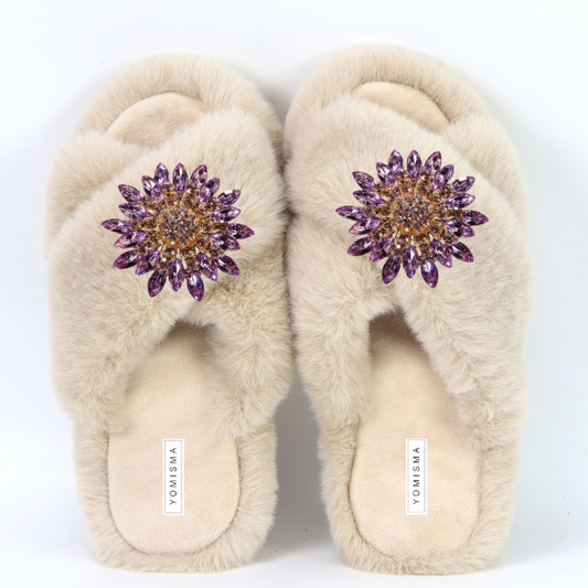 Faux Fur Slippers - Global Recycled Standard Certified with Lavender Jewel Embellishments