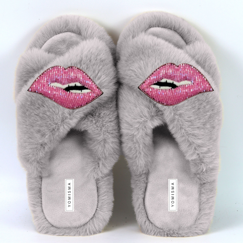 Faux Fur Slippers - Global Recycled Standard Certified with Lips Embellishment