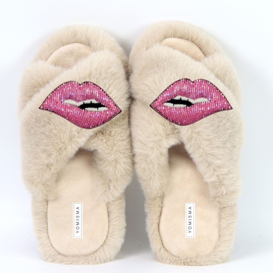 Faux Fur Slippers - Global Recycled Standard Certified with Lips Embellishment