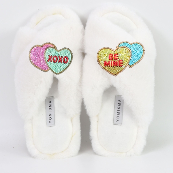 Faux Fur Slippers - Global Recycled Standard Certified with Valentines "Be Mine/XO"  Embellishments