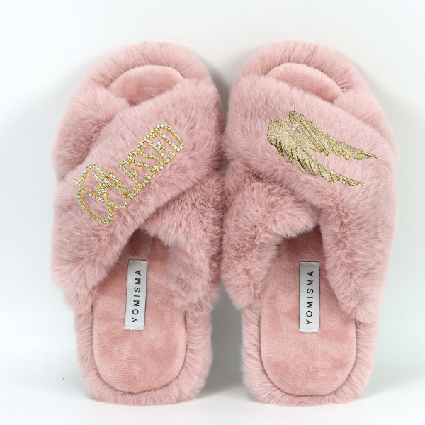 Faux Fur Slippers - Global Recycled Standard Certified with Blessed + Angel Wing Embellishment