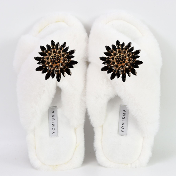 Faux Fur Slippers - Global Recycled Standard Certified with Black Embellishments