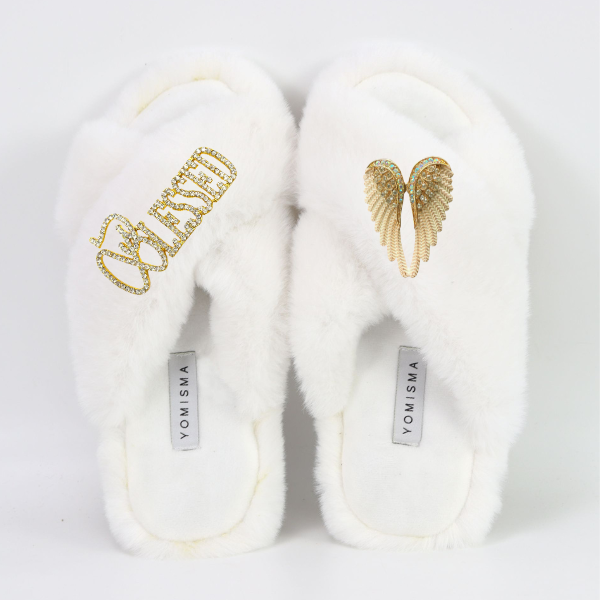 Faux Fur Slippers - Global Recycled Standard Certified with Blessed + White Angel Wing Embellishment