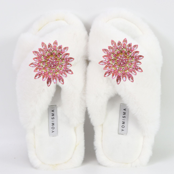 Faux Fur Slippers - Global Recycled Standard Certified with Light Pink Jewel Embellishments (Copy)