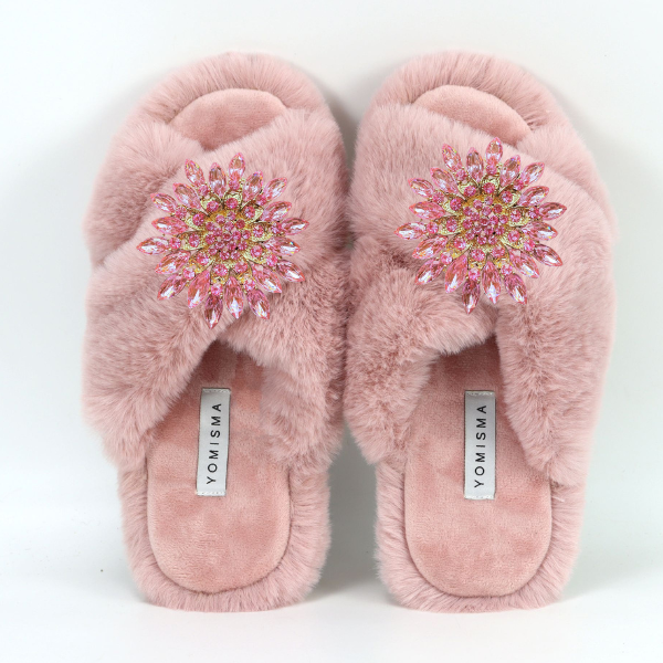 Faux Fur Slippers - Global Recycled Standard Certified with Light Pink Jewel Embellishments (Copy)